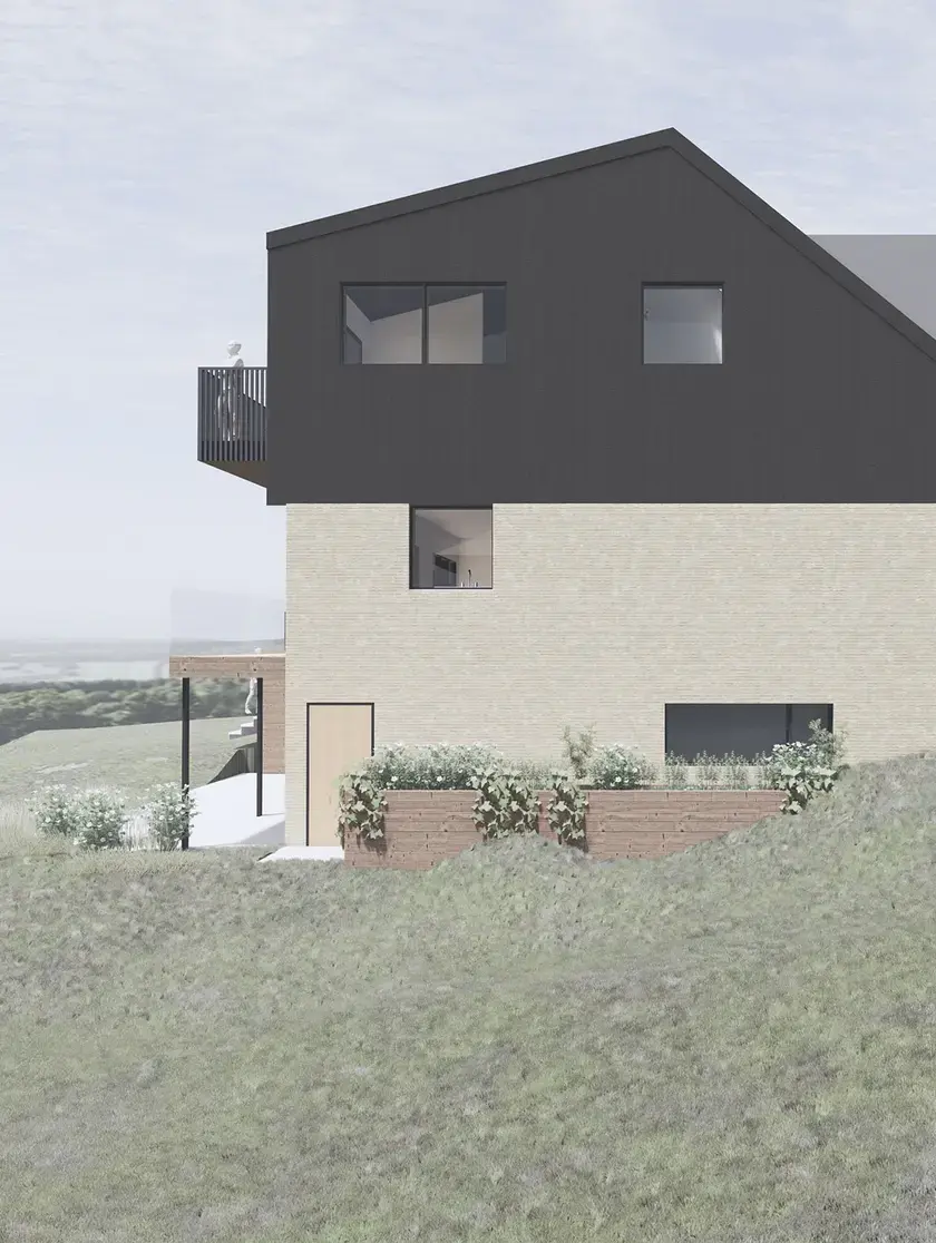 A rendering featuring the side of a two storey residential home. The second floor having black cladding and a rear-facing balcony, while the first and ground floor contrast against the cladding with light masonry.