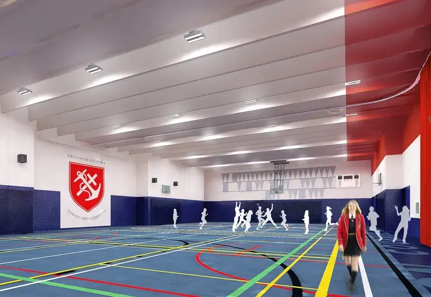 Rendering of a school gym with a basketball net and a branded wall of the school logo